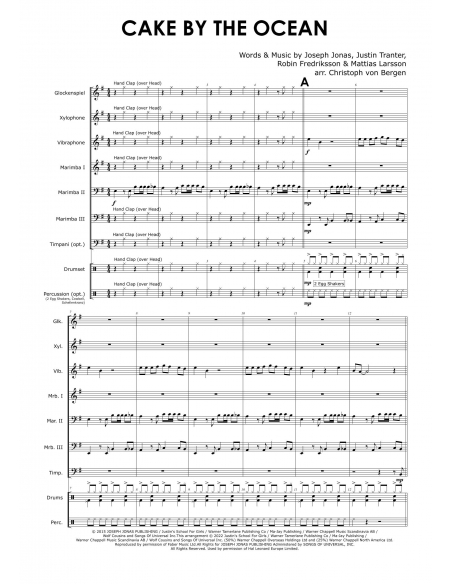 Cake by the Ocean - DNCE arr. Christoph Von Bergen - Hits in Percussion. Score and separate parts for percussion ensemble.