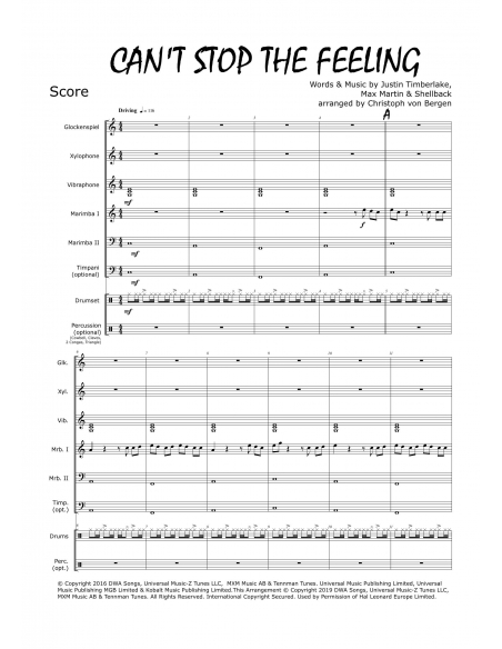 Can't stop the feeling - arr. Christoph Von Bergen - HITS in PERCUSSION