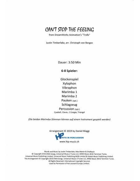 Can't stop the feeling - arr. Christoph Von Bergen - HITS in PERCUSSION