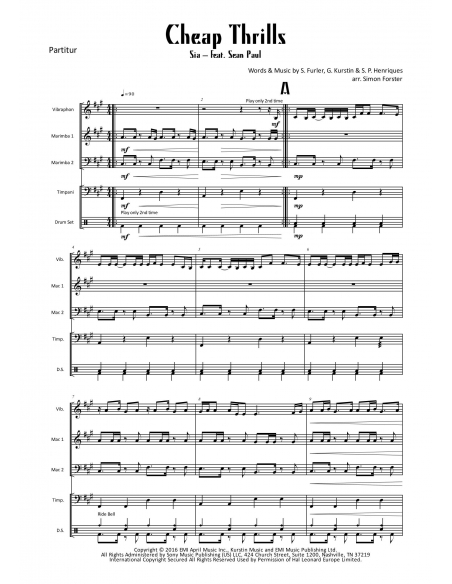 Cheap Thrills - arr.Simon Forster - HITS in PERCUSSION. Partition pour ensemble de percussions.