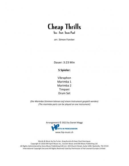 Cheap Thrills - arr.Simon Forster - HITS in PERCUSSION. Partition pour ensemble de percussions.