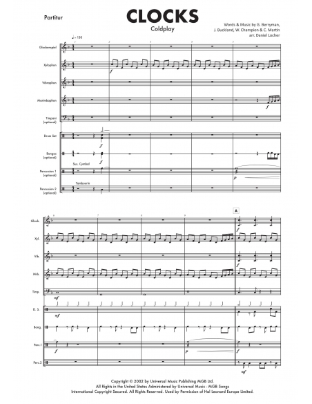 Clocks - arr. Daniel Locher - HITS in PERCUSSION. Partition pour ensemble de percussions.