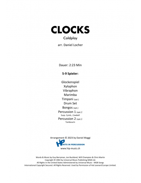 Clocks - arr. Daniel Locher - HITS in PERCUSSION. Partition pour ensemble de percussions.