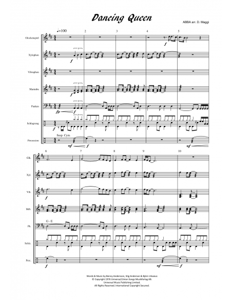 Dancing Queen - arr. Daniel Maggi - HITS IN PERCUSSION music sheet for percussion ensemble