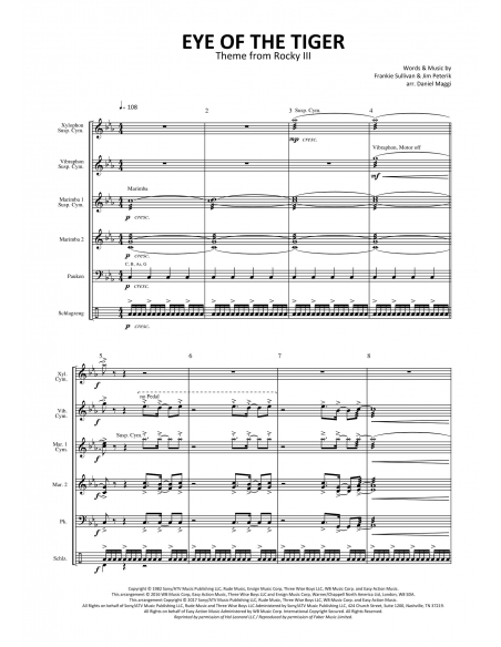 Eye of the Tiger - arr. Daniel Maggi - HITS IN PERCUSSION score and separate parts for  percussion ensemble.