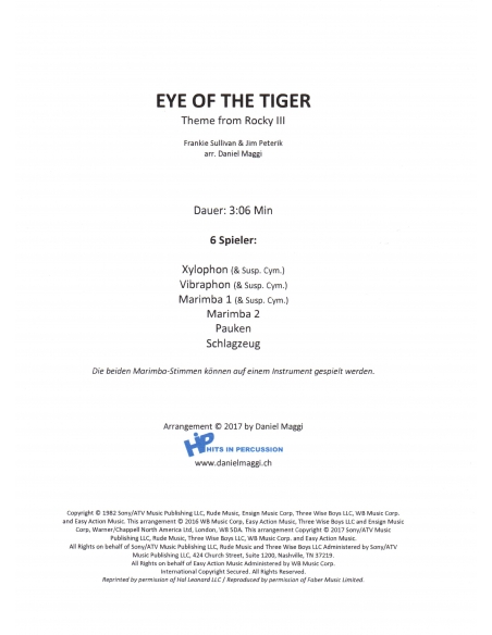 Eye of the Tiger - arr. Daniel Maggi - HITS IN PERCUSSION score and separate parts for  percussion ensemble.