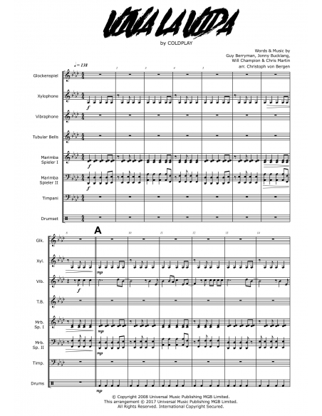 Viva La Vida - arr. Christoph Von Bergen - HITS IN PERCUSSION partition pour ensemble de percussions