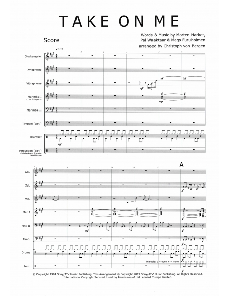 Take on me - arr. Christoph Von Bergen - HITS in PERCUSSION. Partition pour ensemble de percussions.