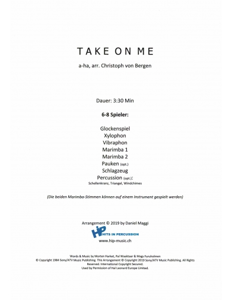 Take on me - arr. Christoph Von Bergen - HITS in PERCUSSION. Partition pour ensemble de percussions.