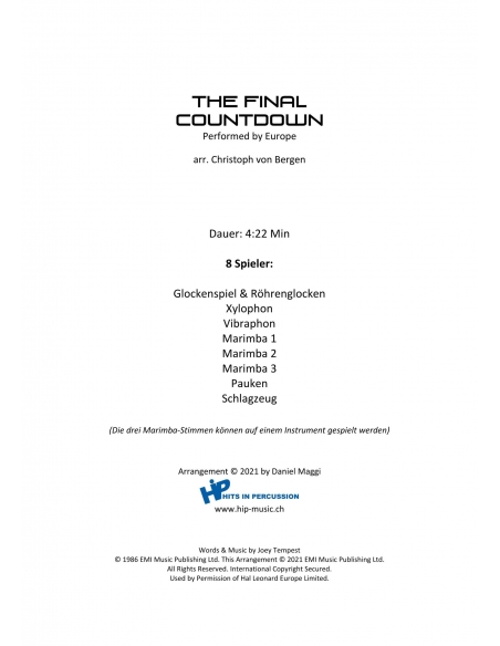 The final countdown - arr. Christoph Von Bergen - HITS IN PERCUSSION. Partition pour ensemble de percussions.