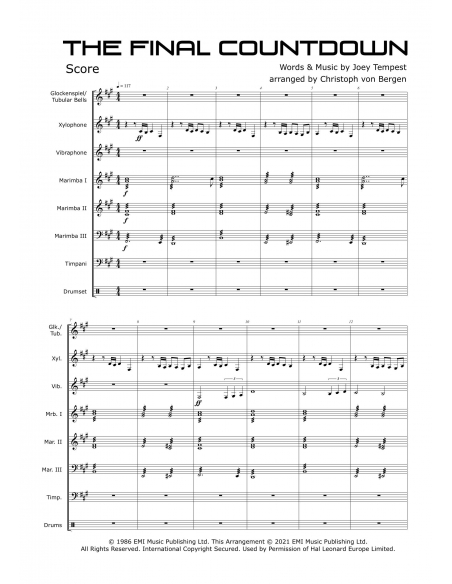 The final countdown - arr. Christoph Von Bergen - HITS IN PERCUSSION. Partition pour ensemble de percussions.