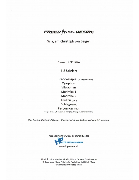 Freed from desire - arr. Christoph Von Bergen - HITS in PERCUSSION. Partition pour ensemble de percussions.