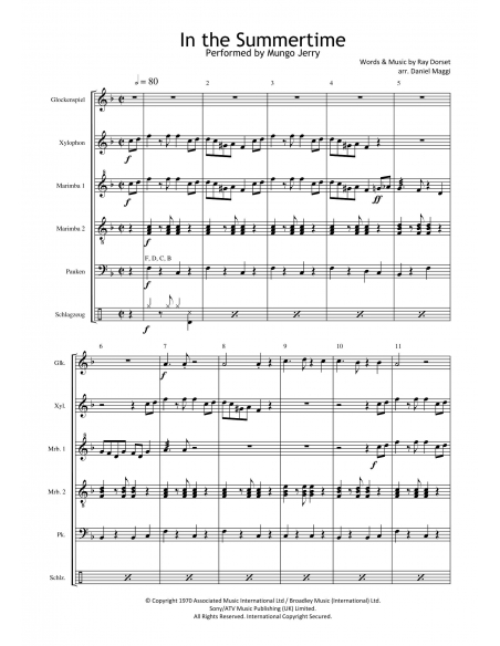 In the Summertime - arr. Daniel Maggi - HITS IN PERCUSSION. Partition pour ensemble de percussions.