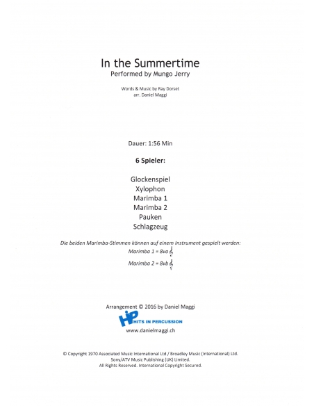 In the Summertime - arr. Daniel Maggi - HITS IN PERCUSSION. Partition pour ensemble de percussions.