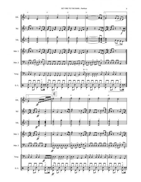 Set fire to the rain - arr. D.Maggi - HIP HITS IN PERCUSSION. Partitions et conducteur pour ensemble de percussions.