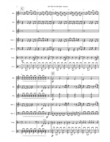 Set fire to the rain - arr. D.Maggi - HIP HITS IN PERCUSSION. Partitions et conducteur pour ensemble de percussions.