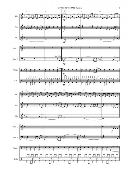 Set fire to the rain - arr. D.Maggi - HIP HITS IN PERCUSSION. Partitions et conducteur pour ensemble de percussions.