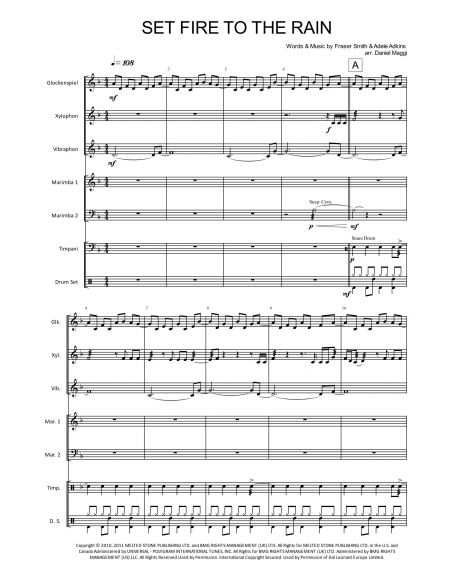 Set fire to the rain - arr. D.Maggi - HIP HITS IN PERCUSSION. Partitions et conducteur pour ensemble de percussions.