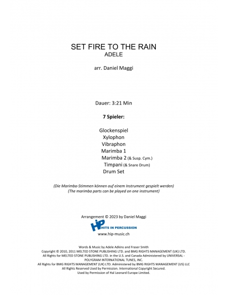Set fire to the rain - arr. D.Maggi - HIP HITS IN PERCUSSION. Partitions et conducteur pour ensemble de percussions.