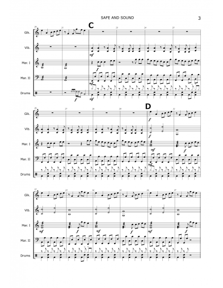 Safe and sound, for percussion ensemble. Arr. Christoph Von Bergen, HIP HITS in PERCUSSION.  Score and separate parts.