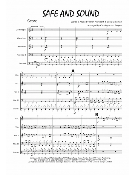 Safe and sound - arr.Christoph Von Bergen - HITS in PERCUSSION. Partition pour ensemble de percussions.