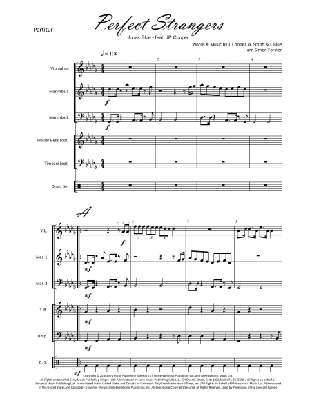 Perfect strangers - arr. Simon Forster - HITS in PERCUSSION. Partition pour ensemble de percussions.