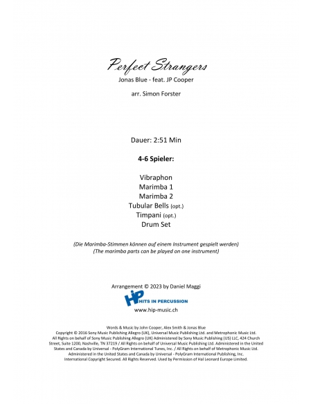 Perfect strangers - arr. Simon Forster - HITS in PERCUSSION. Partition pour ensemble de percussions.