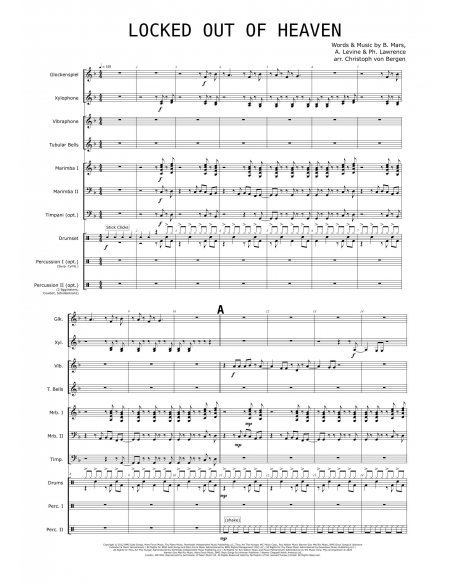 Locked out of heaven, arr. C.Von Bergen. Partition, ensemble de percussion HITS in PERCUSSION