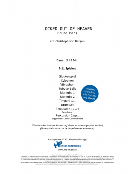 Locked out of heaven, arr. C.Von Bergen. Partition, ensemble de percussion HITS in PERCUSSION