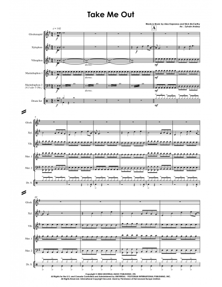 Take me out - arr. Sylvain Andrey - HITS in PERCUSSION. Music sheet and score for percussion ensemble.