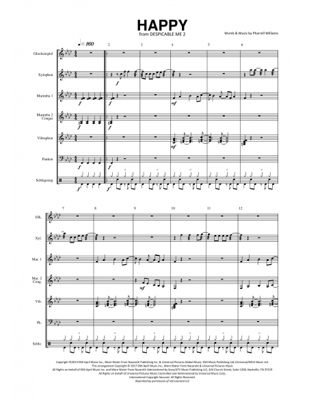 Happy. Pharrell Williams arr. Daniel Maggi. Partition pour ensemble. HIP Hits in Percussion.