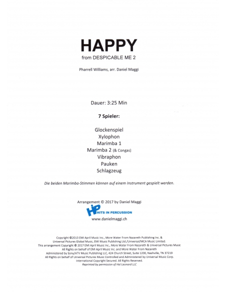 Happy. Pharrell Williams arr. Daniel Maggi. Partition pour ensemble. HIP Hits in Percussion.