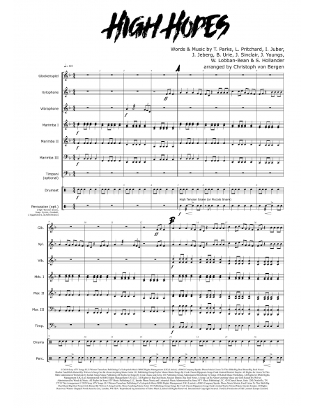 High hopes arr. Christoph Von Bergen HIP HITS in PERCUSSION. Partition pour ensemble de percussions.