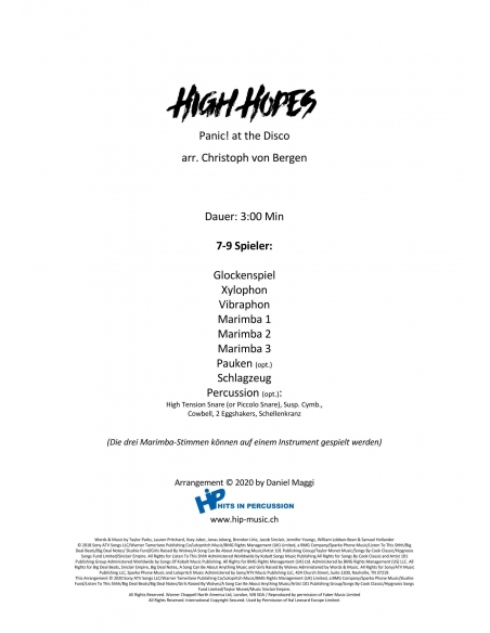 High hopes arr. Christoph Von Bergen HIP HITS in PERCUSSION. Partition pour ensemble de percussions.