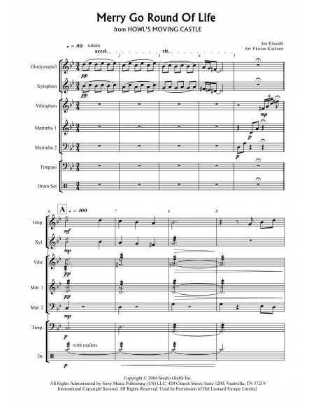 Merry go round of life, Joe Hisaishi, arr. Florian Kirchner, Hits in Percussion. Music sheet.