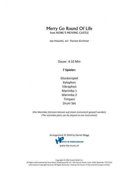 Merry go round of life, Joe Hisaishi, arr. Florian Kirchner, Hits in Percussion. Music sheet.
