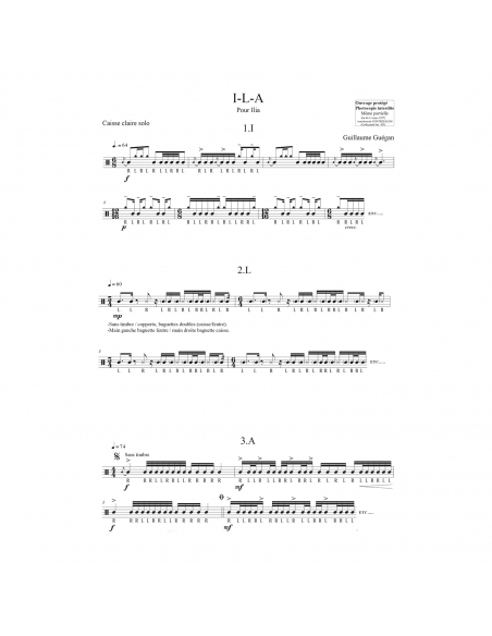I-L-A, by Guillaume Guégan. Music sheet for solo snare drum.