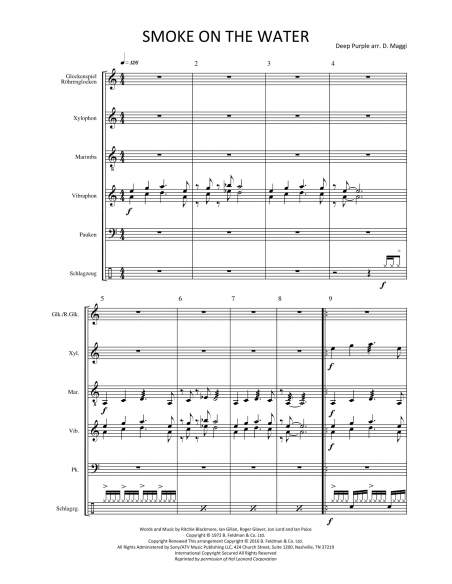 Smoke on the water - Deep Purple - arranged by Daniel Maggi. Score and separate parts for percussion ensemble. HIP.