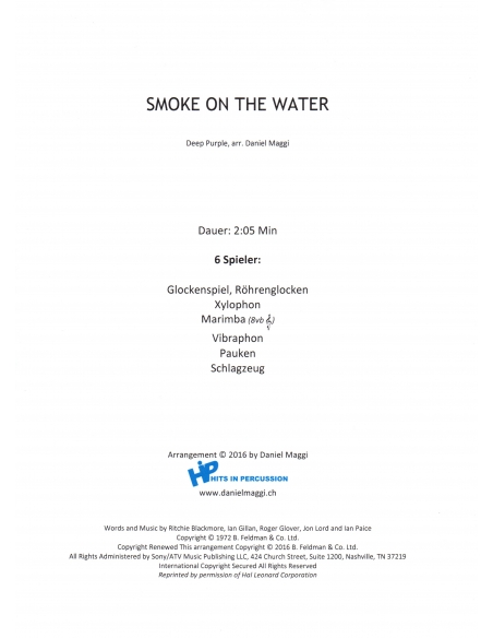 Smoke on the water - Deep Purple - arranged by Daniel Maggi. Score and separate parts for percussion ensemble. HIP.