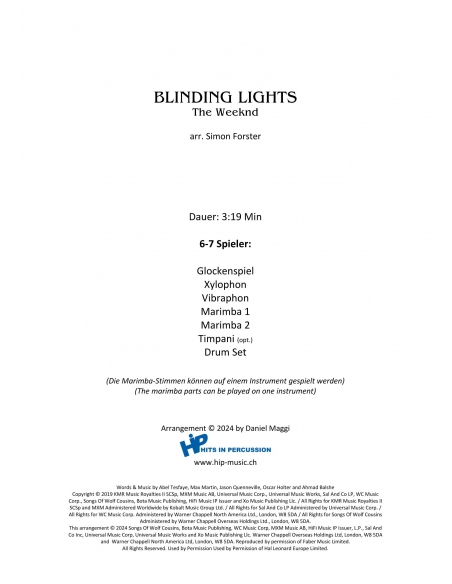 Blinding Lights - The Weeknd, arr. S.Forster - Partition ensemble de percussions. HIP