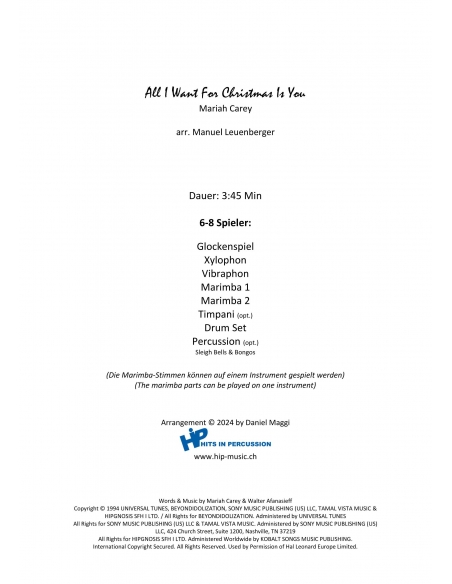 All I want for Christmas is you, arr. M. Leuenberger. Partition pour ensemble de percussions, HIP.