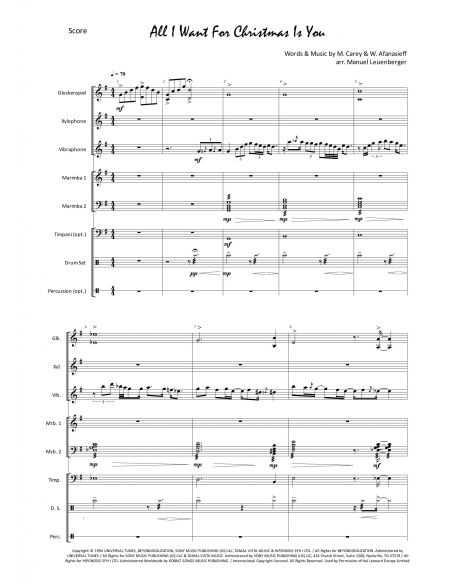 All I want for Christmas is you, arr. M. Leuenberger. Partition pour ensemble de percussions, HIP.