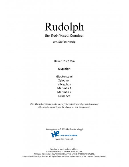 Rudolph le petit renne au nez rouge - arr.Stefan Herzig - partition pour ensemble de percussion HITS in PERCUSSION
