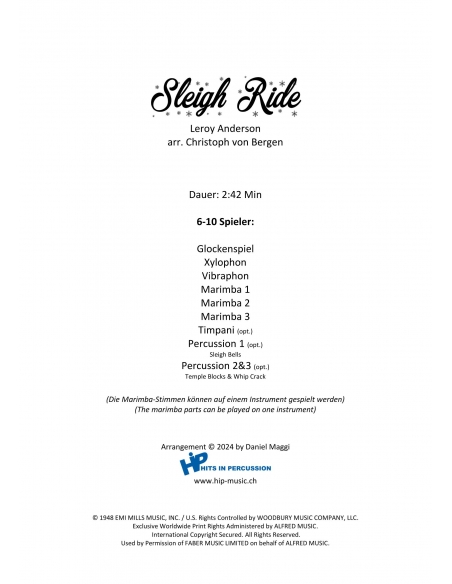 Sleigh Ride - Leroy Anderson, arr. Christoph Von Bergen - HITS in PERCUSSION. Partition pour ensemble de percussions.