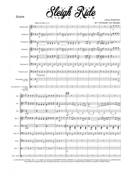 Sleigh Ride - Leroy Anderson, arr. Christoph Von Bergen - HITS in PERCUSSION. Partition pour ensemble de percussions.