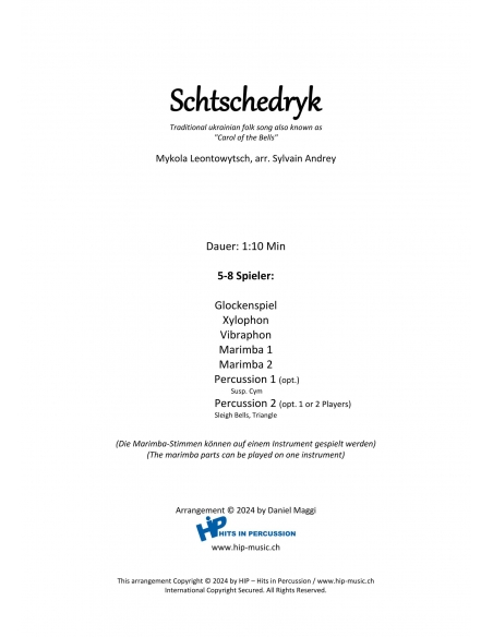 Schtschedryk - Carol of the bells, arr. S. Andrey pour Hits in Percussion Christmas. Partition pour ensemble de percussions.