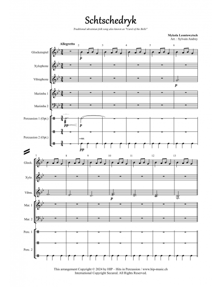 Schtschedryk - Carol of the bells, arr. S. Andrey pour Hits in Percussion Christmas. Partition pour ensemble de percussions.