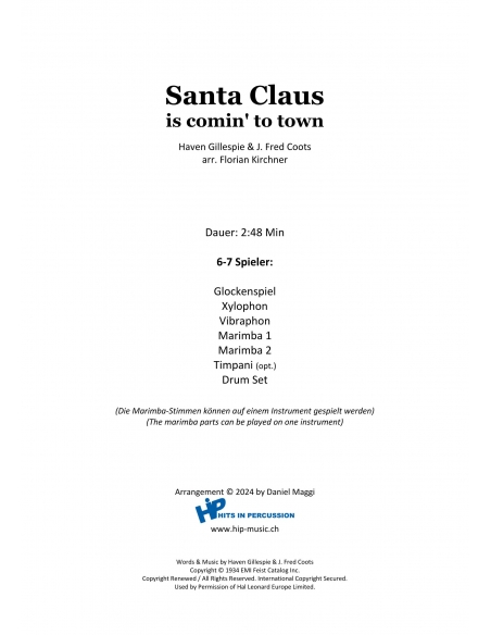 Santa Claus is coming to town - arr. Florian Kirchner - HITS in PERCUSSION. Partition pour ensemble de percussions.