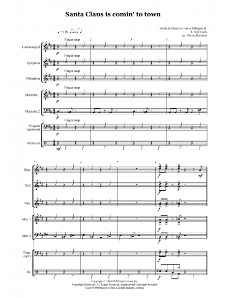 Santa Claus is coming to town - arr. Florian Kirchner - HITS in PERCUSSION. Partition pour ensemble de percussions.