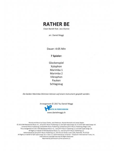 Rather Be, arr. Daniel Maggi, score for percussion ensemble, Hits in Percussion, HIP